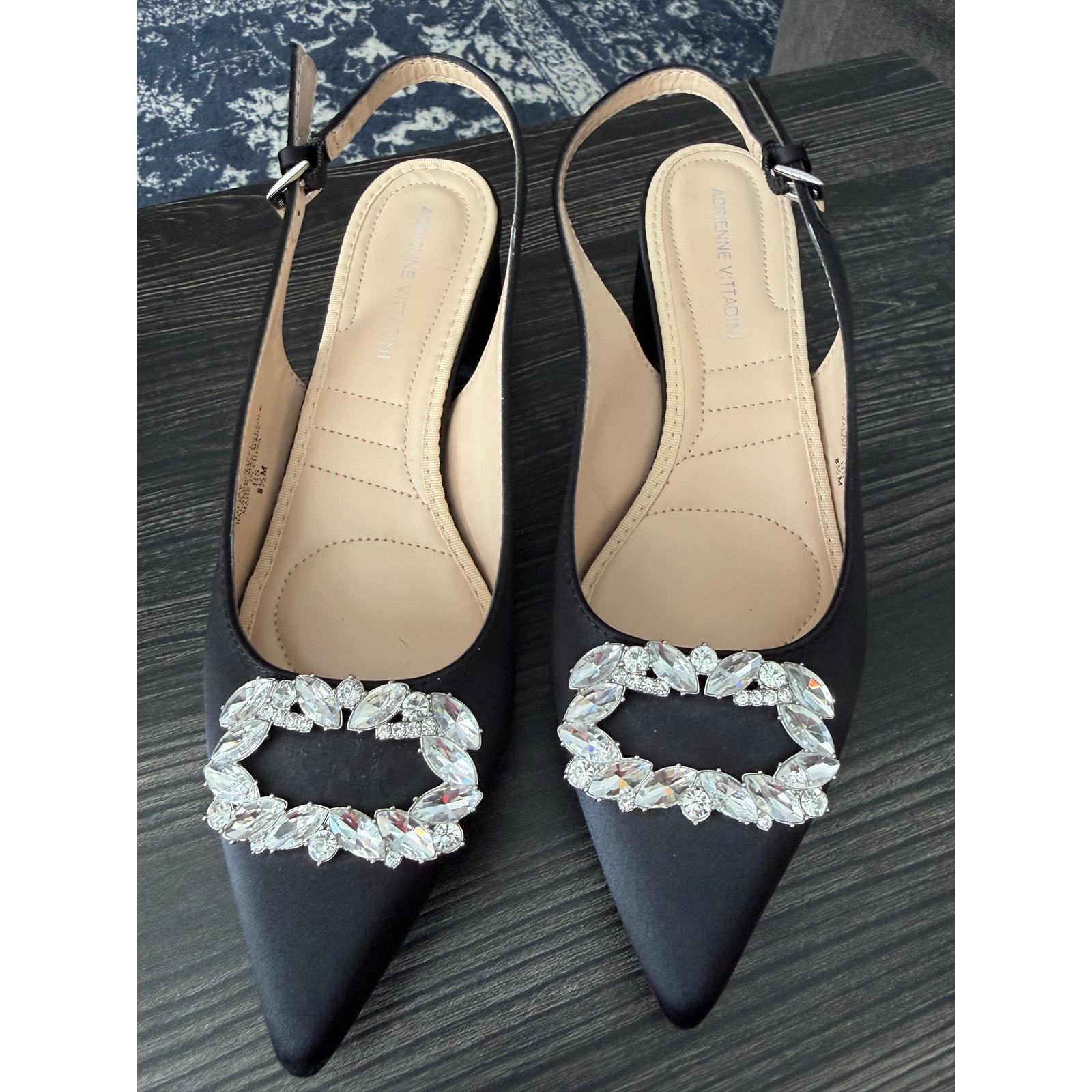 Adrienne Vittadini Gizzi Black Satin Rhinestone Buckle Slingback Pumps Sz. 8.5
